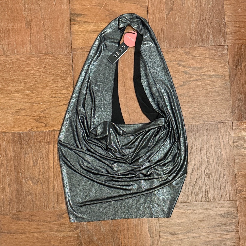 Decker Women’s Shimmering Silver Halter Top Size Medium NWT